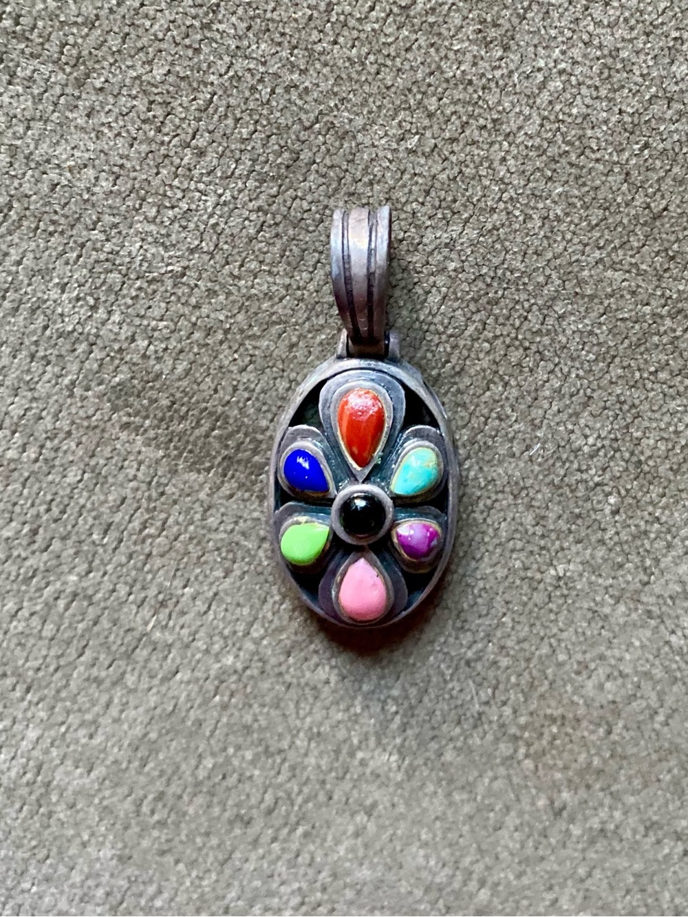 Vtg 925 Sterling Silver Multi Gemstone Flower Pendant Thailand Turquoise Onyx